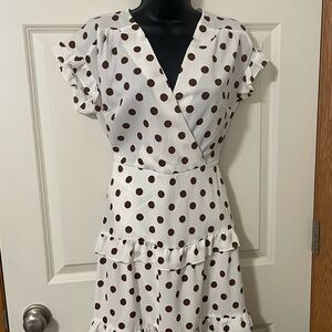 White Polka Dot Wrap Midi Dress in Brown